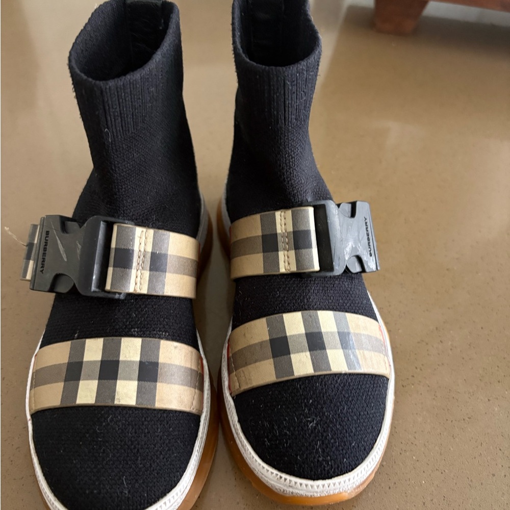 Burberry Black and Tan Boots with Plaid Strap